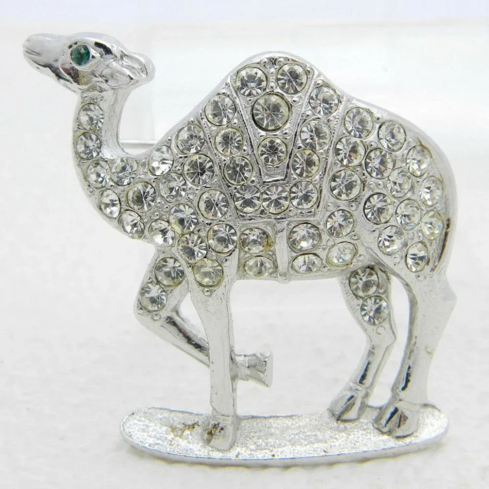 Vintage ORA Silver Tone Clear Rhinestone Green Eye